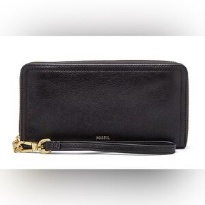 FOSSIL Logan RFID Zip-Around Leather Wristlet Wallet Black Cow Hide Leather NWT